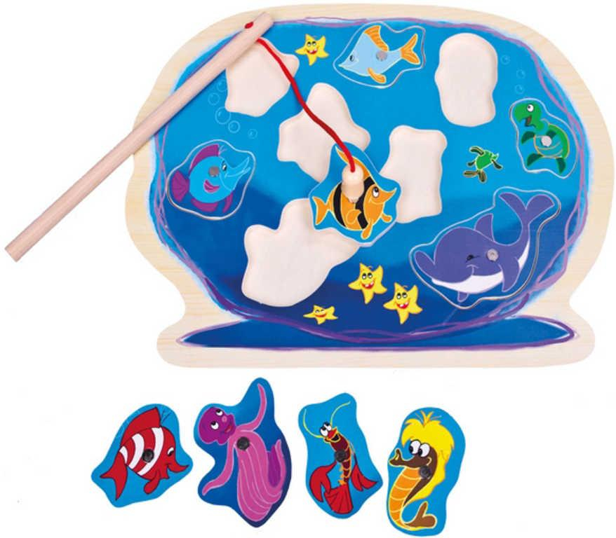 BINO DŘEVO Baby puzzle vkládačka magnetické akvárium set s prutem