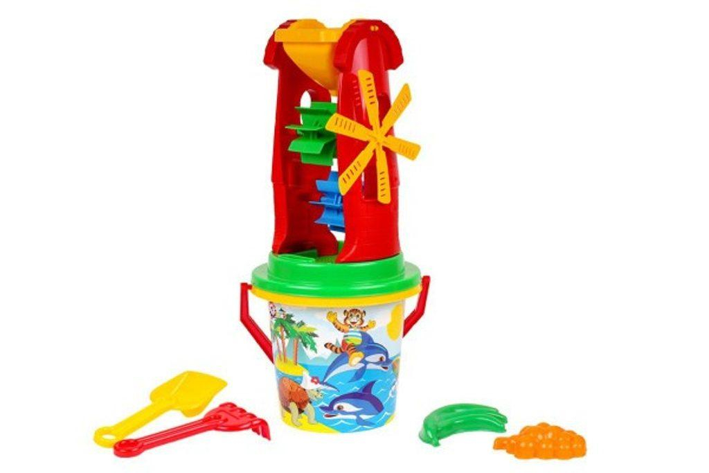 Sada na písek plast kbelík, mlýnek s doplňky 4 druhy v síťce 20x42x19cm 12m+